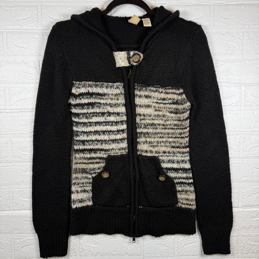 BKE Full Zip Hoodie Women Size M Black Striped Knit F82361 Sweater